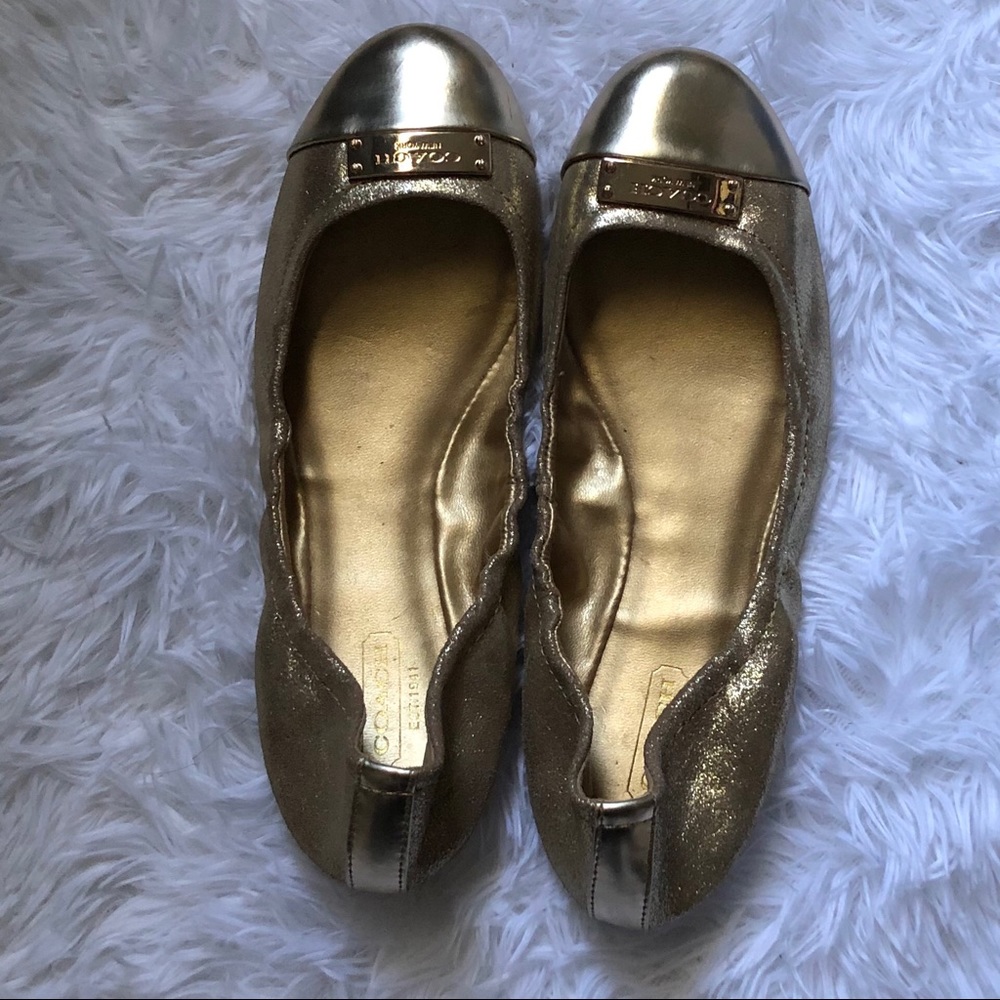 Coach Gold Flats with Gold Brand Plate on Toes